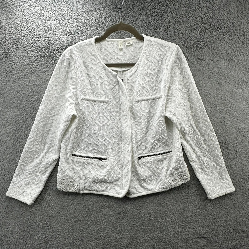 Moth Anthropologie Large White Textured Matelasse Knit Jacket Crochet Lace Hem